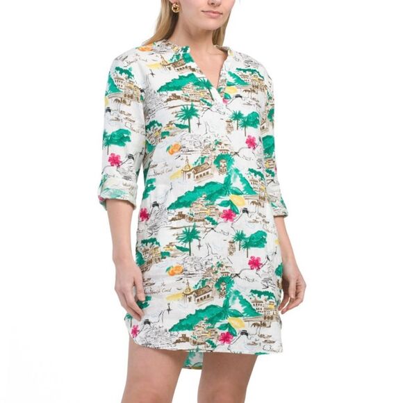 Cynthia Rowley Almafi Coast Linen Shirt Dress Roll Tab Pockets Mini M NWOT - Picture 1 of 13